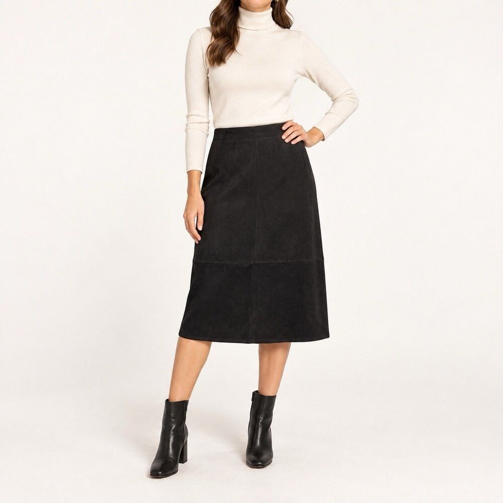 Max Studio London XL Black Faux Suede A-Line Midi Skirt Stretch Pull On NWT $98